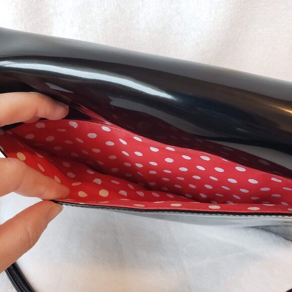 LIZ CLAIBORNE Shiny Patent Shoulder Bag Structured Retro Polka Dot Lining - Picture 5 of 15